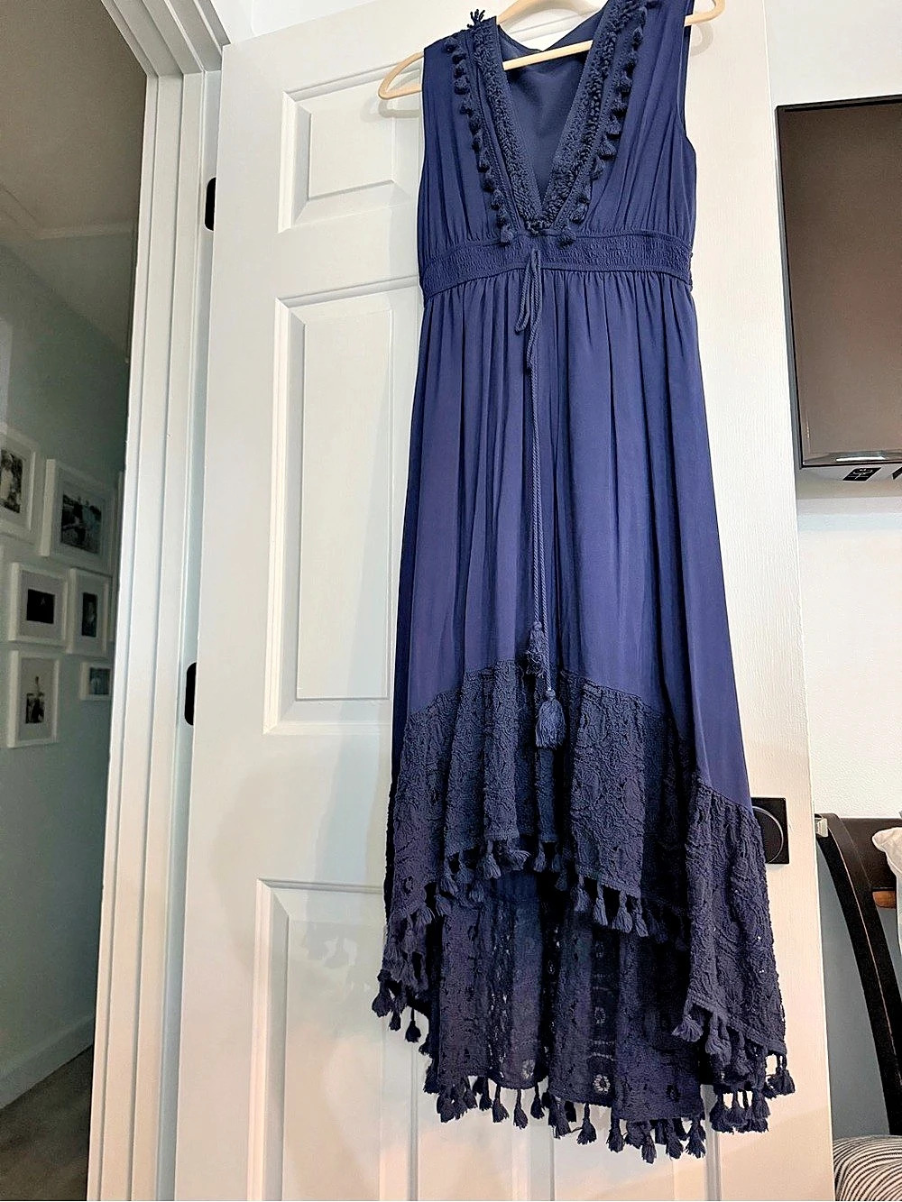 1.STATE Classic Navy Crochet-Trim Tassel-Front Maxi Dress